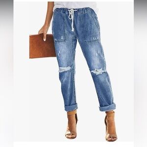 Metietila Distressed Stretch Jeans Elastic Waist Jean Denim Joggers Pants NWT